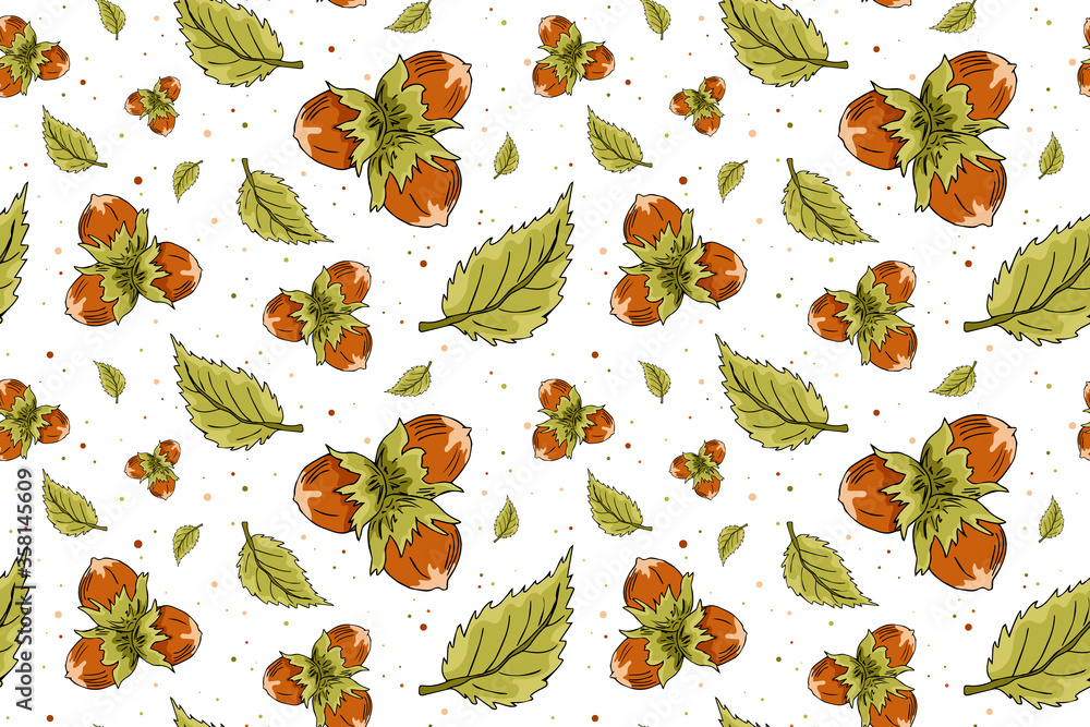 Vector seamless pattern with hazelnuts and leaves. Hazelnut nuts hand ...