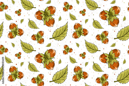Vector seamless pattern with hazelnuts and leaves. Hazelnut nuts hand drawn sketch. Organic healthy food. Modern background for packaging, ads, labels and other designs.