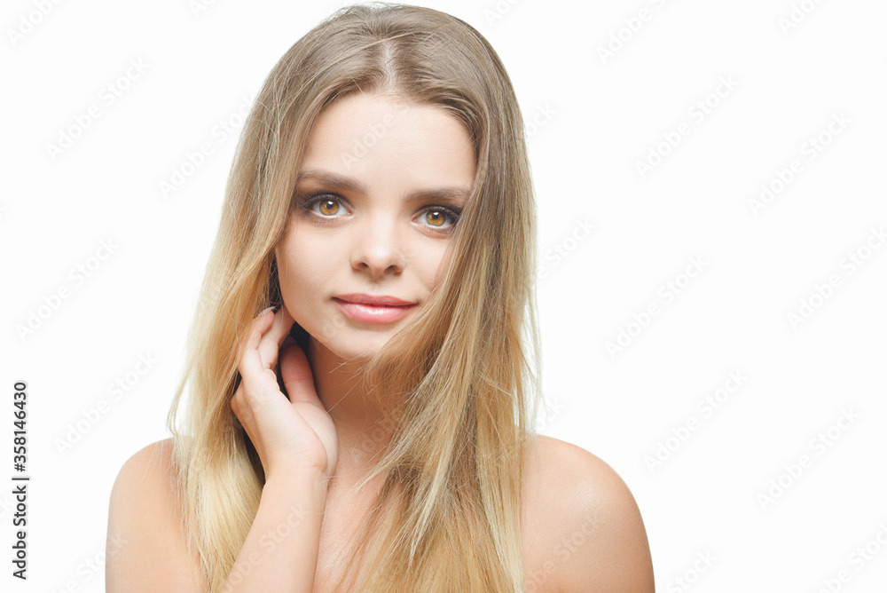 Portrait of young attractive woman with closed eyes over white background. Portrait of young attractive woman with closed eyes over white background.