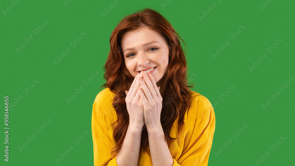 Cute Millennial Girl Smiling Posing Over Green Studio Background, Panorama Cute Millennial Girl Smiling Posing Over Green Studio Background, Panorama