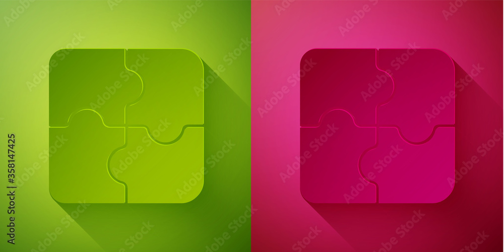 Paper cut Piece of puzzle icon isolated on green and pink background. Business, marketing, finance, template, layout, infographics, internet concept. Paper art style. Vector Illustration Paper cut Piece of puzzle icon isolated on green and pink background. Business, marketing, finance, template, layout, infographics, internet concept. Paper art style. Vector Illustration