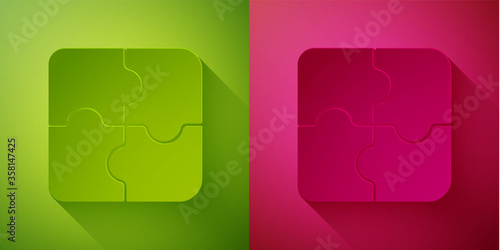 Paper cut Piece of puzzle icon isolated on green and pink background. Business, marketing, finance, template, layout, infographics, internet concept. Paper art style. Vector Illustration