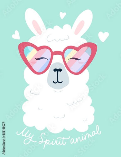 My spirit animal, inspirational lettering print vector illustration. Spiritual llama, motivational inscription with stylish alpaca wearing sunglasses. Positive banner with phrase