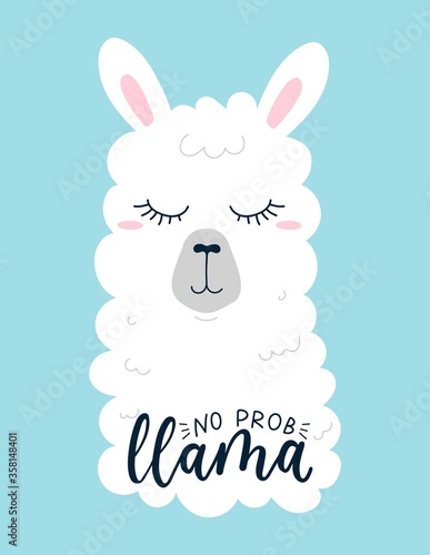 No probllama lettering print or card with llama vector illustration. Positive thinking calligraphy inscription with alpaca character. Inspirational phrase with animal