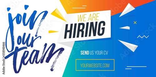 Join our team, we are hiring banner template vector illustration. Blue website with calligraphic inscription and button with web address. Landing page of headhunters