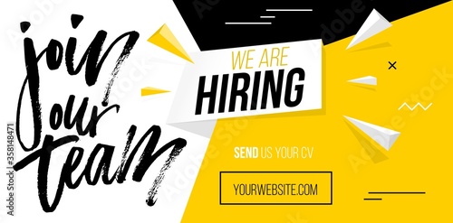 We are hiring, join our team banner template flat vector illustration. Yellow and black website design for finding job and sending cv resume. Headhunting agency, employment concept