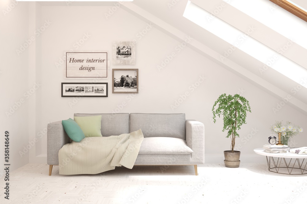 Fototapeta premium White living room with sofa. Scandinavian interior design. 3D illustration