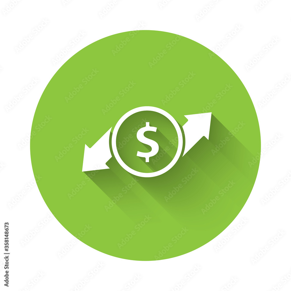 White Financial growth and dollar coin icon isolated with long shadow. Increasing revenue. Green circle button. Vector Illustration White Financial growth and dollar coin icon isolated with long shadow. Increasing revenue. Green circle button. Vector Illustration