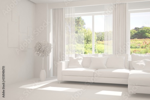 White living room with sofa and summer landscape in window. Scandinavian interior design. 3D illustration