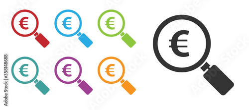 Black Magnifying glass and euro symbol icon isolated on white background. Find money. Looking for money. Set icons colorful. Vector Illustration