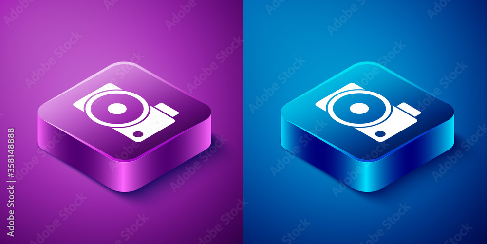 Isometric Photo camera icon isolated on blue and purple background. Foto camera icon. Square button. Vector Illustration Isometric Photo camera icon isolated on blue and purple background. Foto camera icon. Square button. Vector Illustration