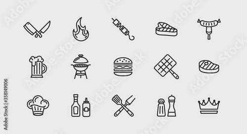 Barbecue icons set. Set of 15 BBQ symbols isolated on white background. Icons set includes fire, grill fork and spatula, meat, beer, grill. Icons for barbecue, restaurant. Vector illustration