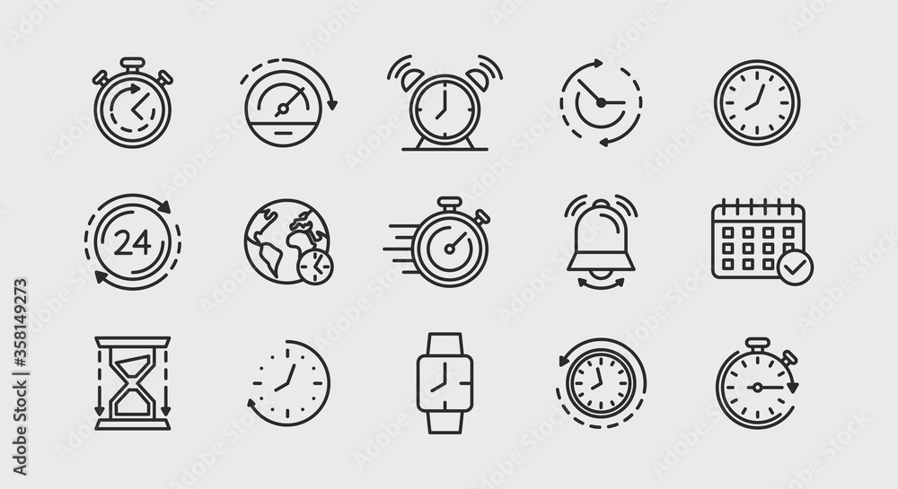Time outline icons set. Stopwatch, clock, speedometer, restore, alarm, calendar icons isolated on white background. Icons for web design, app design. Vector illustration