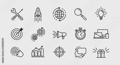 Outline web icons set. Set of 15 SEO icons isolated on white background. Rocket, Global, Search, Idea, Megaphone, Time and other icons for SEO. Vector illustration