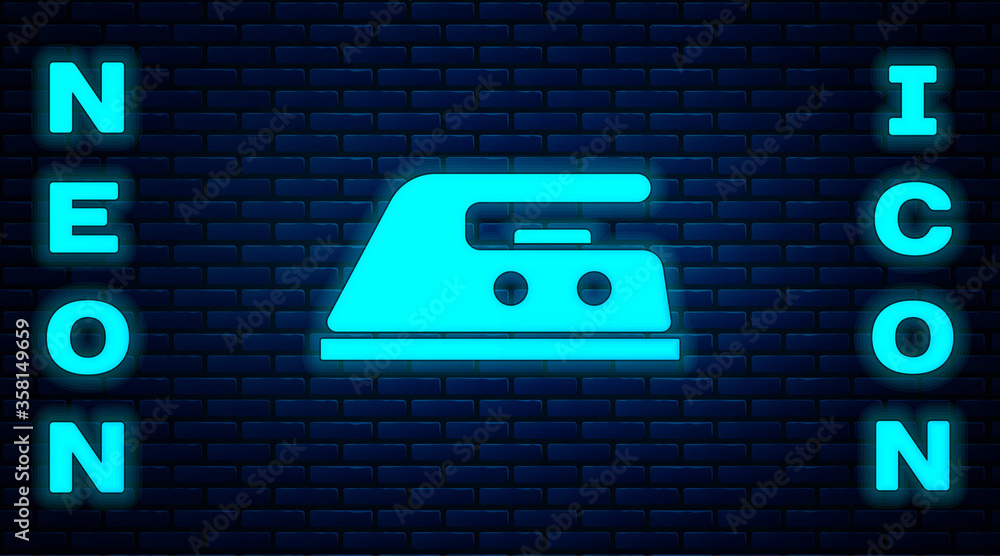 Glowing neon Electric iron icon isolated on brick wall background. Steam iron. Vector Illustration Glowing neon Electric iron icon isolated on brick wall background. Steam iron. Vector Illustration