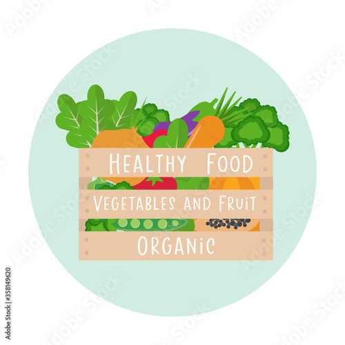 Healthy food with vegetables and fruits in wooden box . Vector illustration.