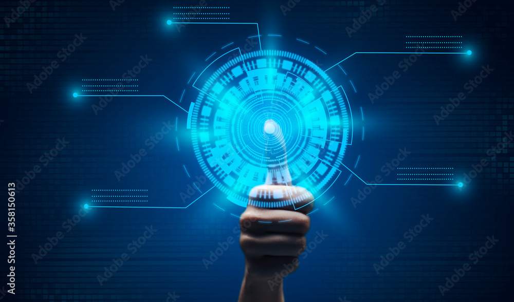 Man Scanning Thumb Fingerprint Touching Virtual Panel Over Blue Background Man Scanning Thumb Fingerprint Touching Virtual Panel Over Blue Background