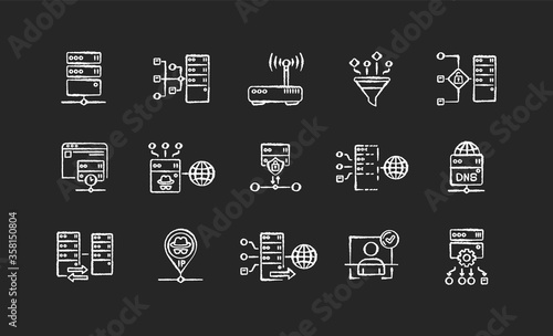 Proxy server chalk white icons set on black background. Internet data access, virtual connection, cybersecurity. Different VPS network structure types. Isolated vector chalkboard illustrations