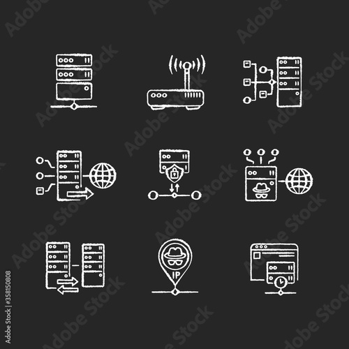 Virtual proxy servers chalk white icons set on black background. VPN services, internet routing technologies. Internet connection through secure server. Isolated vector chalkboard illustrations