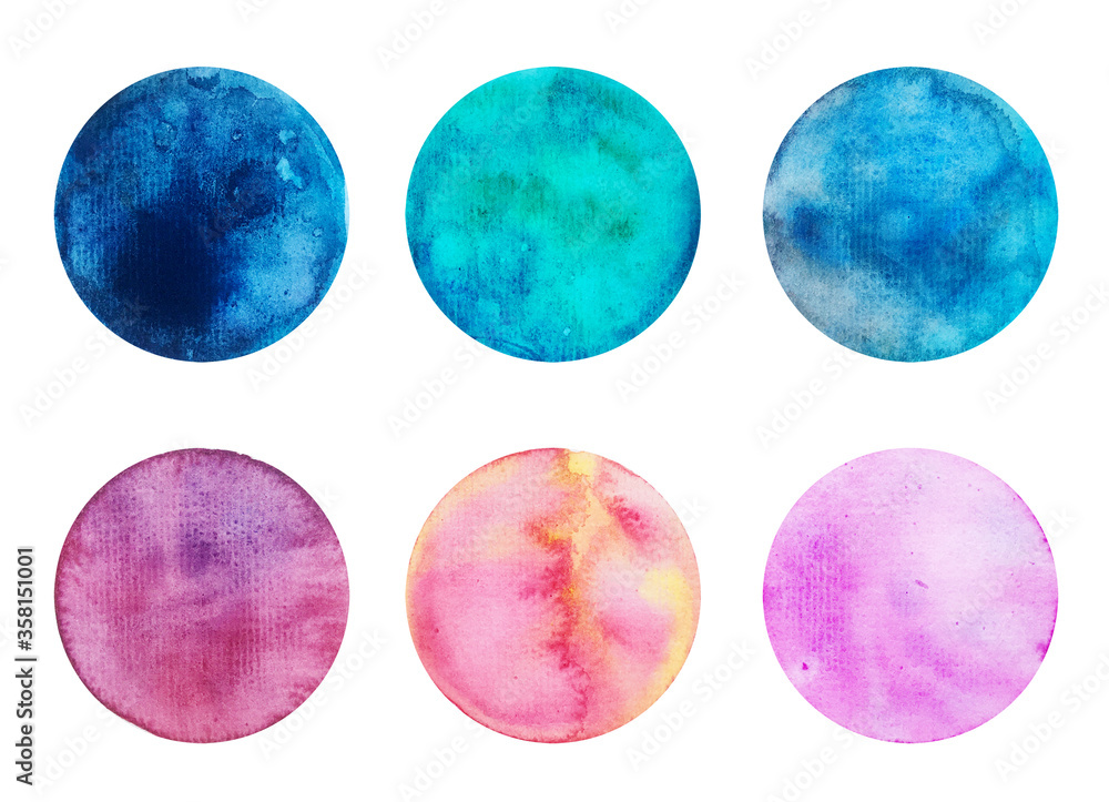 Watercolor hand painted circle shape design elements. Set of multicolored watercolor dots. Colorful watercolor spots