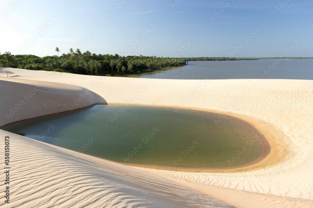 A beautiful dune and lagoon of Tatajuba beach near Jericoacoara, in ...