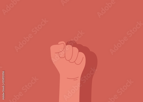 Protester raised fist at a political demonstration. Vector illustration on a red background. Revolution, demonstration, manifestation themed vector illustration.