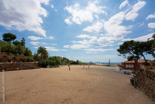 Photography BARCELONA, CATALONIA, SPAIN - JUNE 12, 2020: The famous Parc Güell designed by the architect Gaudi
