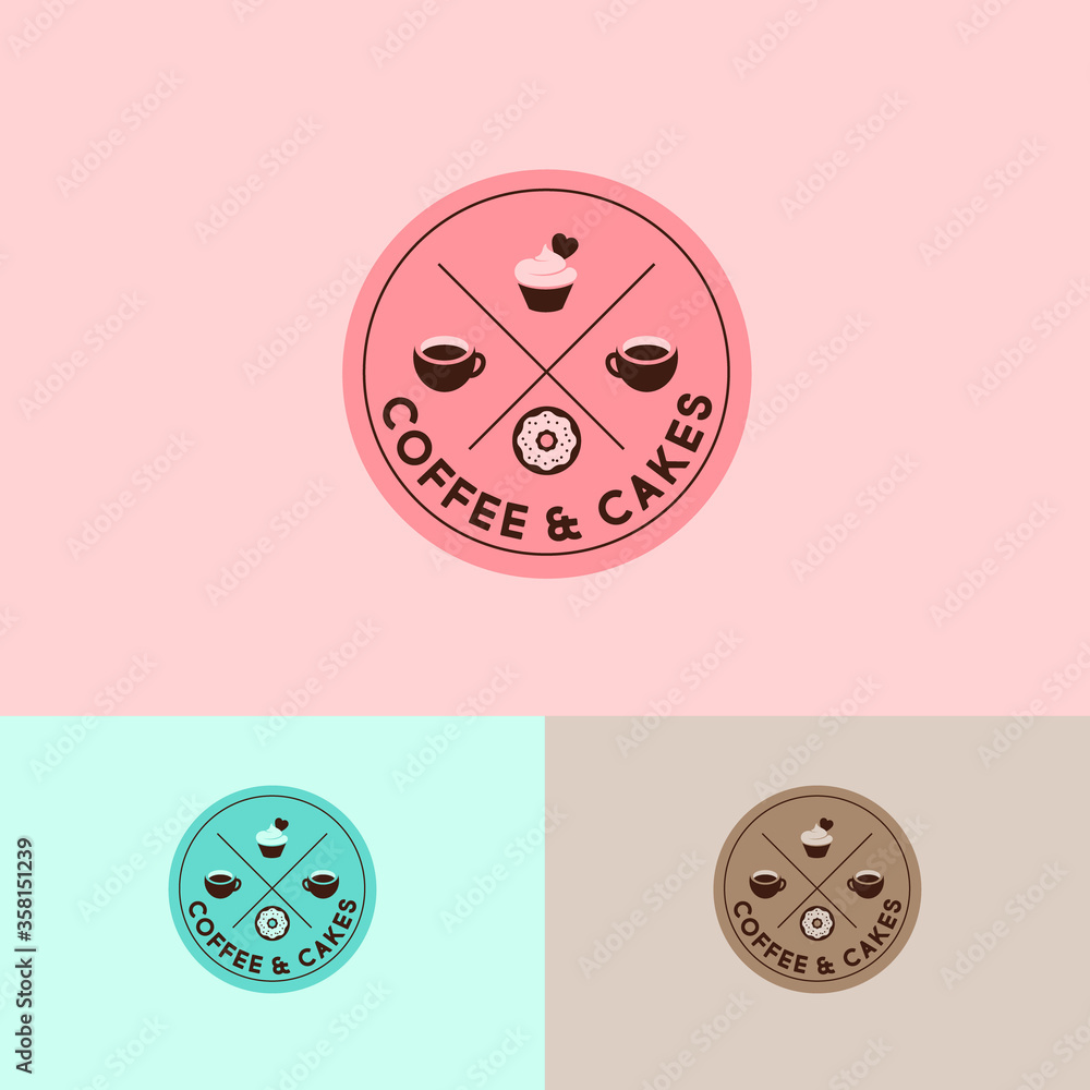 Coffee and Cakes logo. Cafe and pastries emblem. Coffee cups, cake and doughnut emblem into circle badge. Hipster flat logo. Coffee and Cakes logo. Cafe and pastries emblem. Coffee cups, cake and doughnut emblem into circle badge. Hipster flat logo.