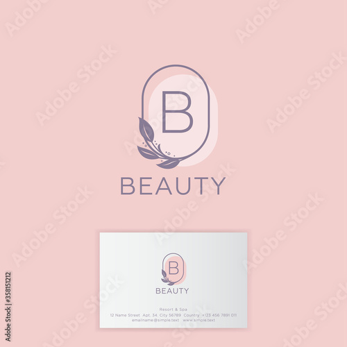 Beauty salon Logo and business card. B monogram with tender branch with leaves. Emblem of female clothing or lingerie.