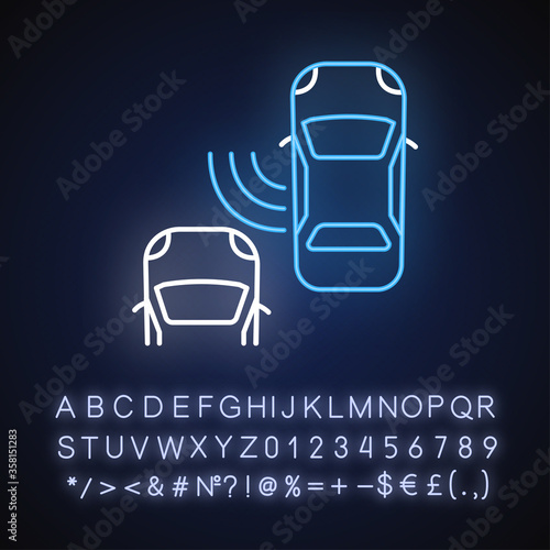 Blind spot monitoring system neon light icon. Safe driving and car security, traffic safety. Outer glowing effect. Sign with alphabet, numbers and symbols. Vector isolated RGB color illustration