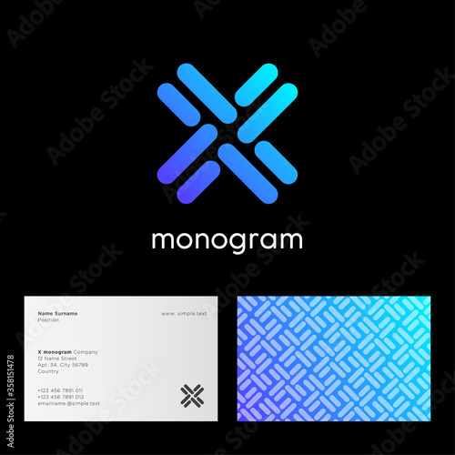 X letter. X monogram consist of some blue linear elements on a dark background. Identity. Business card with pattern.