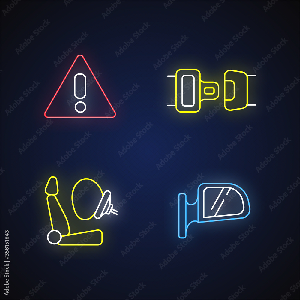 Drivers safety precautions neon light icons set. Safe driving signs with outer glowing effect. Warning sign, seatbelt, airbag and rear view mirror. Vector isolated RGB color illustrations Drivers safety precautions neon light icons set. Safe driving signs with outer glowing effect. Warning sign, seatbelt, airbag and rear view mirror. Vector isolated RGB color illustrations