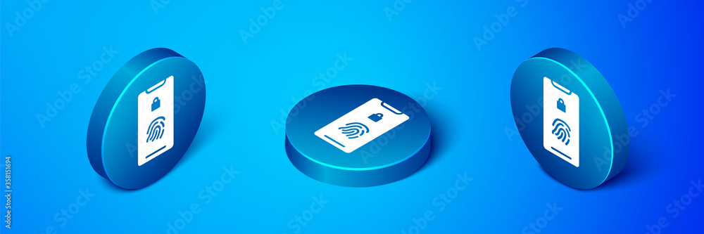 Isometric Smartphone with fingerprint scanner icon isolated on blue background. Concept of security, personal access via finger on mobile. Blue circle button. Vector Illustration Isometric Smartphone with fingerprint scanner icon isolated on blue background. Concept of security, personal access via finger on mobile. Blue circle button. Vector Illustration