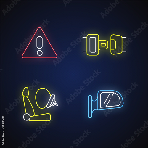 Drivers safety precautions neon light icons set. Safe driving signs with outer glowing effect. Warning sign, seatbelt, airbag and rear view mirror. Vector isolated RGB color illustrations