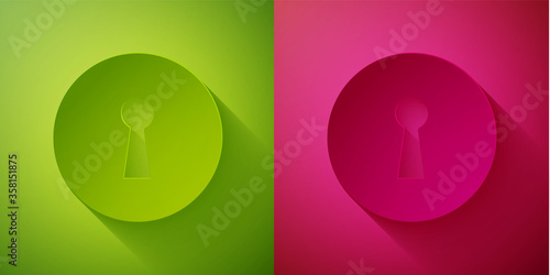 Paper cut Keyhole icon isolated on green and pink background. Key of success solution. Keyhole express the concept of riddle, secret, security. Paper art style. Vector Illustration