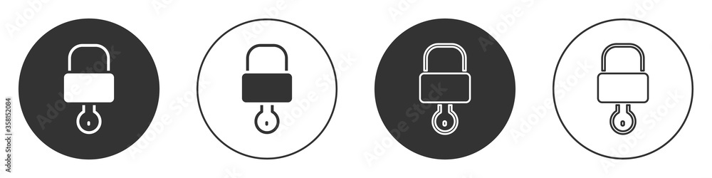 Black Lock and key icon isolated on white background. Padlock sign. Security, safety, protection, privacy concept. Circle button. Vector Illustration Black Lock and key icon isolated on white background. Padlock sign. Security, safety, protection, privacy concept. Circle button. Vector Illustration
