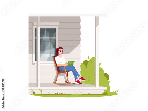 Woman sit in armchair on patio semi flat RGB color vector illustration. Rural lifestyle, summer recreation in village. Girl with book on porch in chair isolated cartoon character on white background