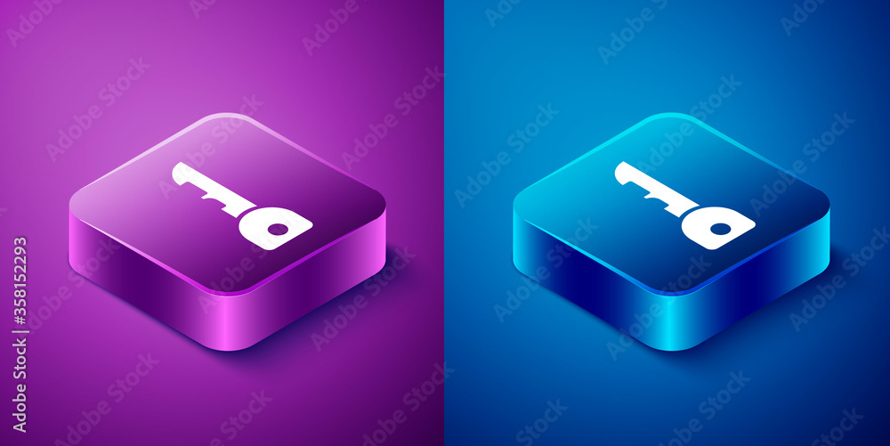 Isometric Key icon isolated on blue and purple background. Square button. Vector Illustration Isometric Key icon isolated on blue and purple background. Square button. Vector Illustration