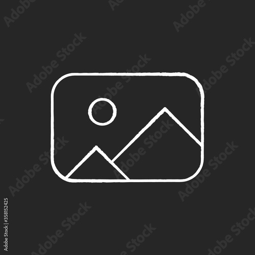 Placeholder chalk white icon on black background. Image gallery. Photo thumbnail. Available album. Digital media. Multimedia file. Visual content. Isolated vector chalkboard illustration