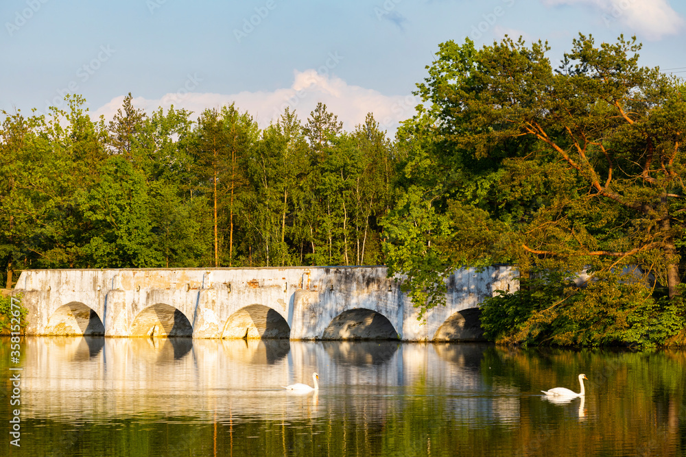 Old stone bridge over Vitek pond, Nova Hlina near Trebon, Jindrichuv Hradec district, Southern Bohemian, Czech Republic