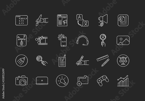 Freelance professions elements chalk white icons set on black background. Mobile software development. Online marketing strategy. Game pad. Movie editing. Isolated vector chalkboard illustrations