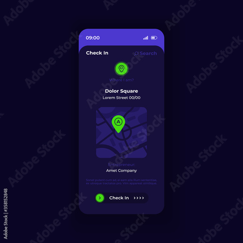 City check in app smartphone interface vector template. Mobile app page night theme design layout. Visited location on screen. Flat UI for application. Map with GPS mark on phone display
