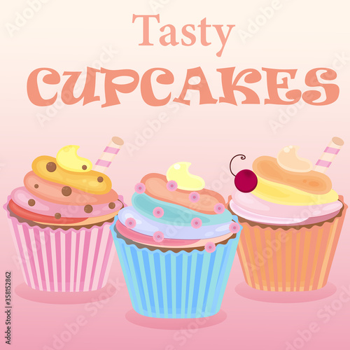 Tasty cupcakes background. Card with sweet cupcake. Flat cartoon style vector illustration.