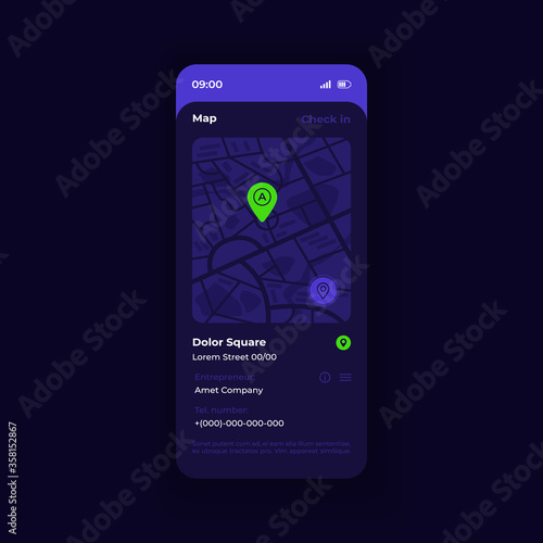 City navigation app smartphone interface vector template. Mobile app page night theme design layout. Place description screen. Flat UI for application. GPS map with address info on phone display