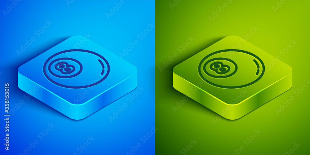 Isometric line Billiard pool snooker ball icon isolated on blue and green background. Square button. Vector Illustration Isometric line Billiard pool snooker ball icon isolated on blue and green background. Square button. Vector Illustration