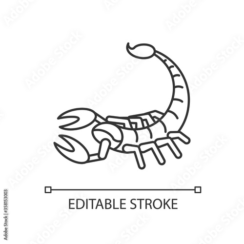 Scorpio zodiac sign pixel perfect linear icon. Astrological scorpion thin line customizable illustration. Contour symbol. Dangerous predatory arachnid. Vector isolated outline drawing. Editable stroke