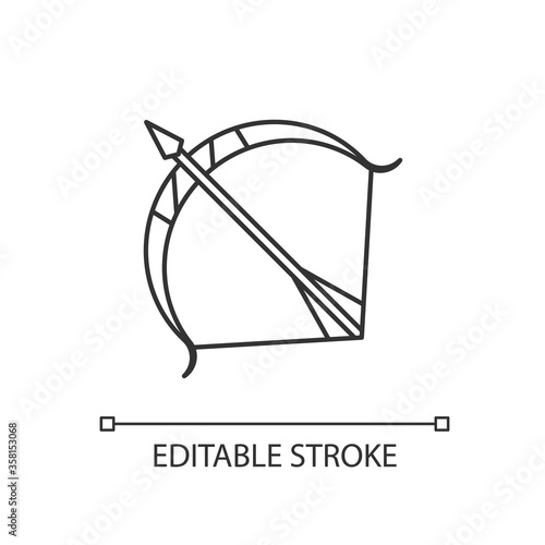 Sagittarius zodiac sign pixel perfect linear icon. Astrological archer thin line customizable illustration. Contour symbol. Bow and arrow vector isolated outline drawing. Editable stroke