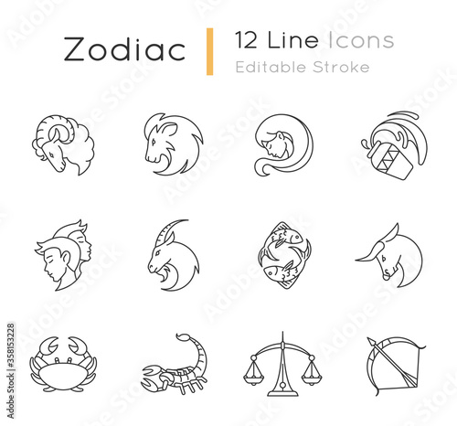 Zodiac signs pixel perfect linear icons set. Twelve horoscope customizable thin line contour symbols for fortune telling. Different birth signs. Isolated vector outline illustrations. Editable stroke
