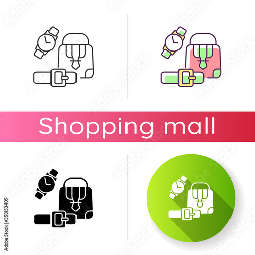 Leather accessories icon. Men and women stylish garment. Online store and shopping mall category. Bags and belts. Linear black and RGB color styles. Isolated vector illustrations