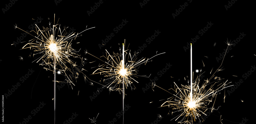 Set of burning sparklers on black background. Banner design